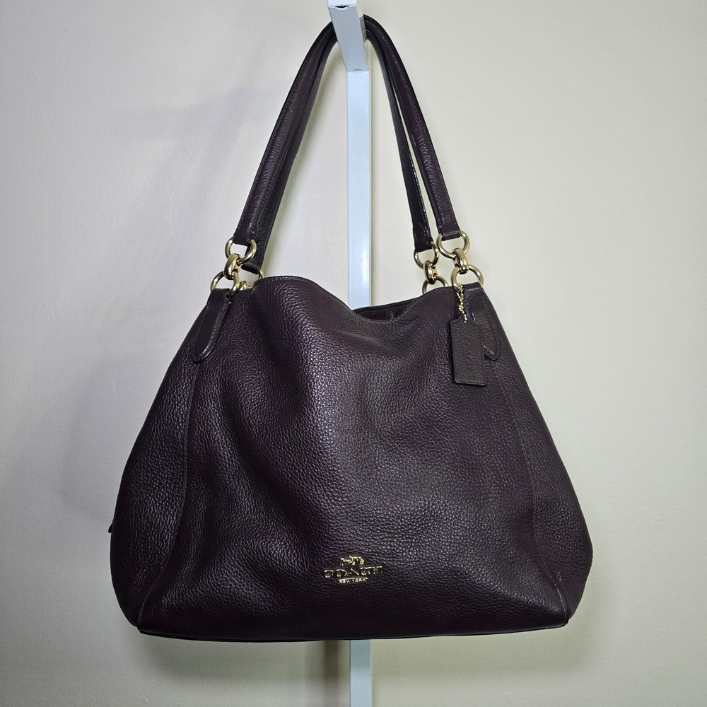 Coach Hallie Pebble Leather‎ Shoulder Bag Dark Plum Gold Hardware